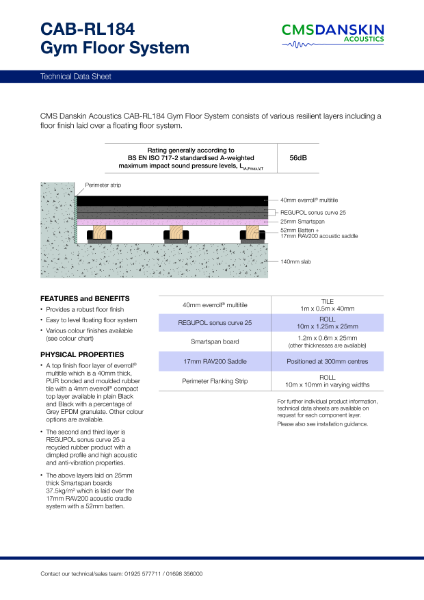 CMS Danskin Acoustics Gym Floor System CAB-RL184 – Product Data Sheet