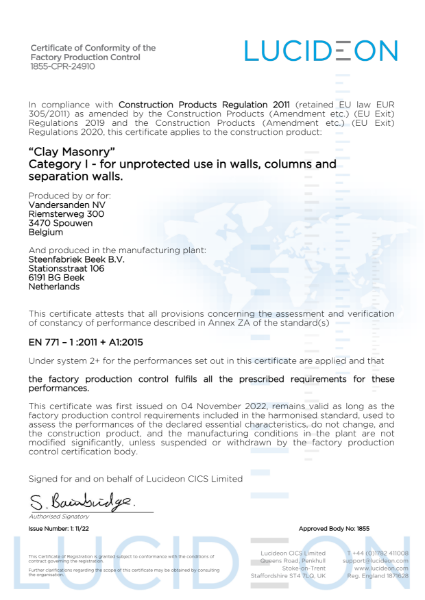 UKCA Certificate of Conformity of the Factory Production Control 1855-CPR-24910. Steenfabriek Beek