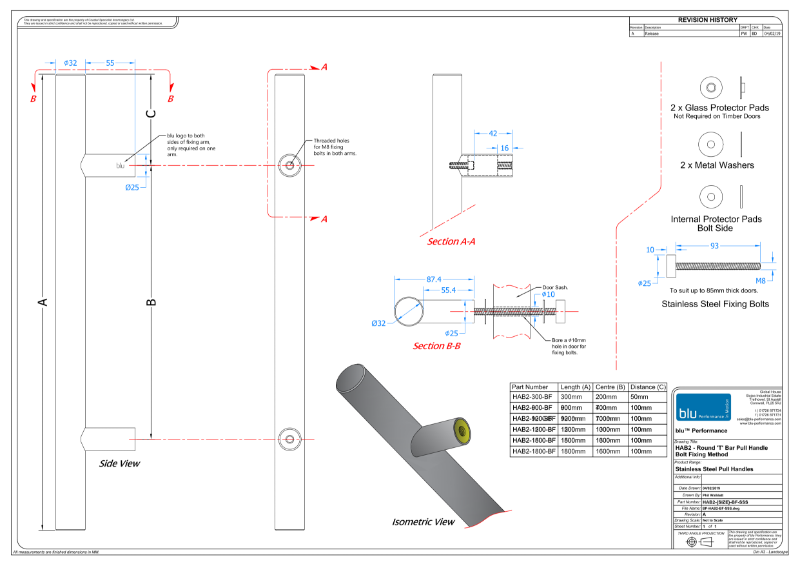 BLU™ - HAB2 Inline Round 'T' Bar Pull Handle - Bolt Fix