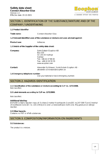 SDS - Ecophon Absorber Glue - Effective from December 2021