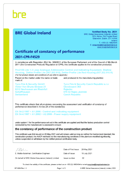 Certificate of constancy of performance