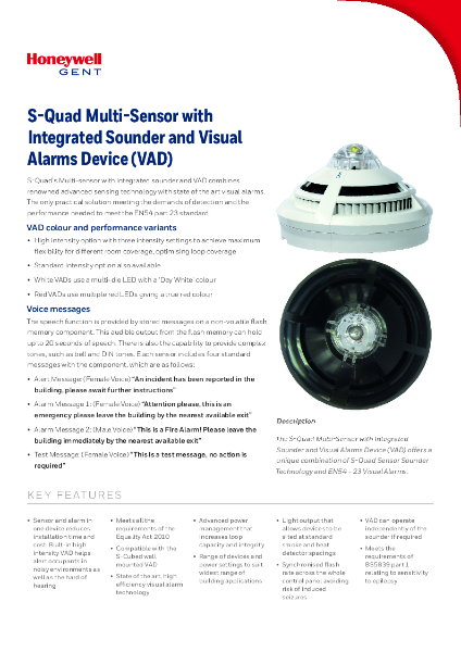 Honeywell Gent S-Quad Sensors with Sounders, Speech and EN54-23 VAD's
