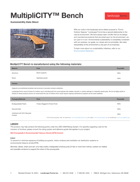 Landscape Forms - MultipliCITY Bench Sustainability Data Sheet