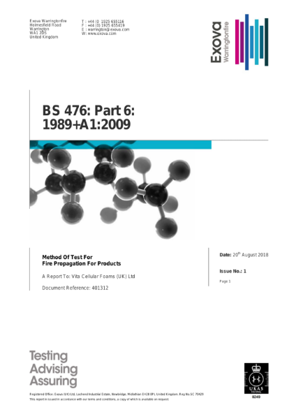 Method Of Test For Fire Propagation For Products BS476: Part 6: 1989+A1: 2009