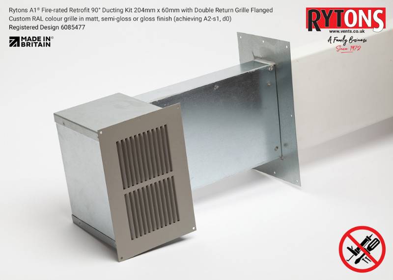 Rytons A1 Fire-rated Retrofit 90° Ducting Kit 204mm x 60mm with Double Air Brick Grille