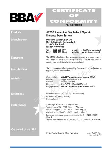 0040 Certificate of Conformity CC/0040 BBA Certification Internorm AT200 Entrance door