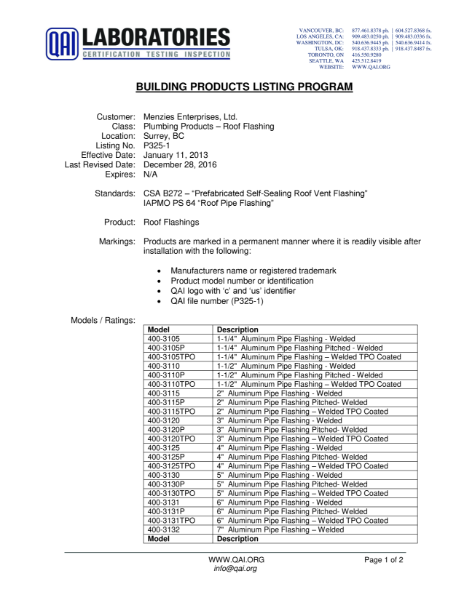 CSA B272 PREFABRICATED SELF-SEALING ROOF VENT FLASHING / IAPMO PS 64 ROOF PIPE FLASHING