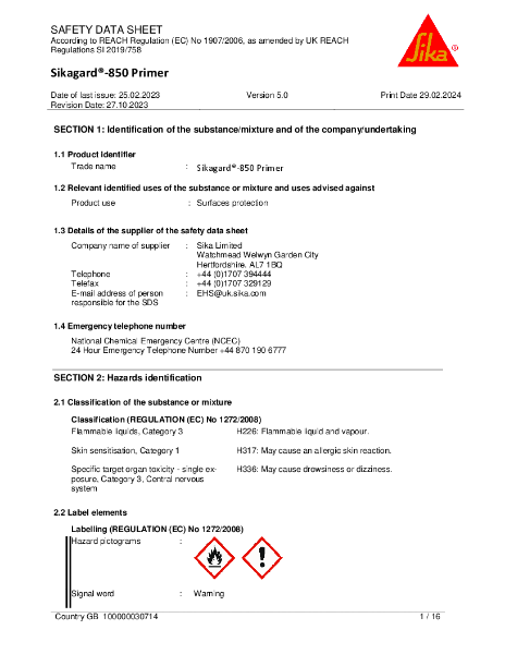 Sikagard®-850 Primer Safety Data Sheet (SDS)