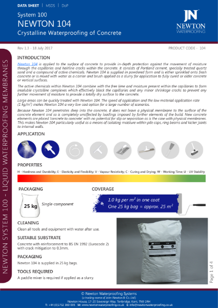 Newton 104 Crystalline Waterproofing Of Concrete