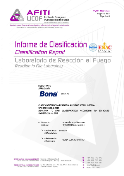 Bona SuperSport HD - EN13501-1 Reaction to Fire Classification Report