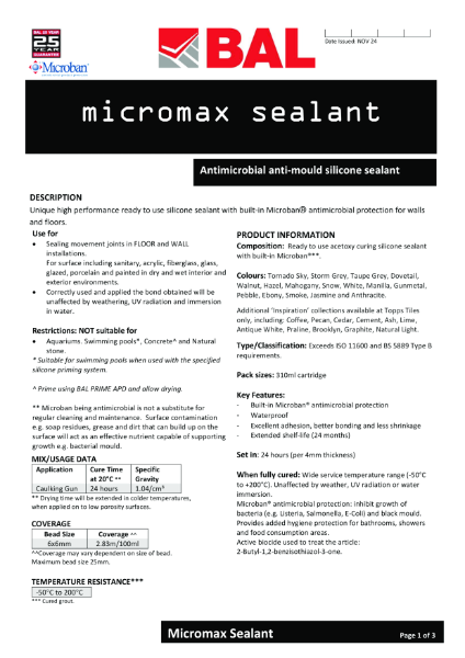 BAL Micromax Grout-Effect Sealant - Technical Datasheet