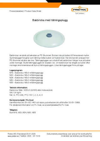 Produktdatablad Bakbricka med tatningsplugg