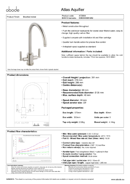 Atlas Aquifier (Brushed Nickel) Consumer Specification