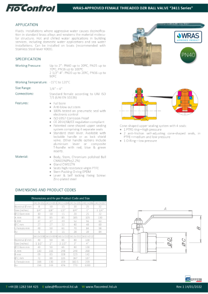 WRAS-approved Series 2411V Ball Valve Threaded (Lever)