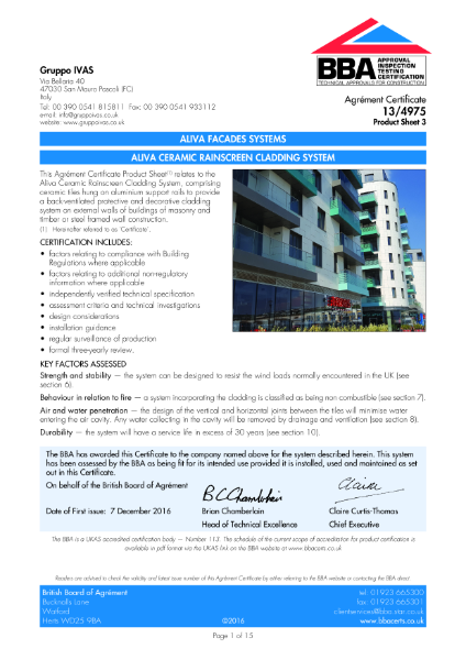 BBA 13/4975 Product Sheet 3 Aliva Ceramic rainscreen cladding system