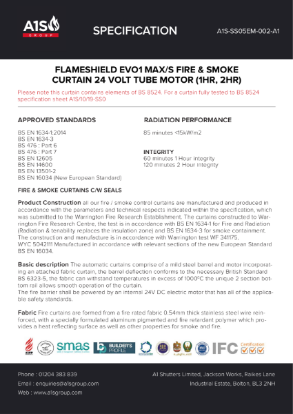 A1S Flameshield EVO Fire Curtain - Max Single