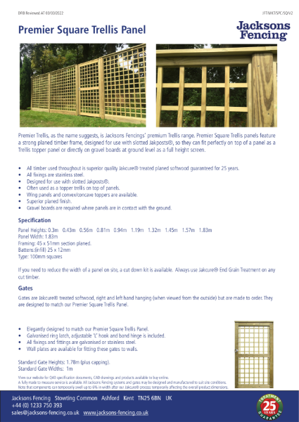 Premier Square Trellis Panel Specification Sheet