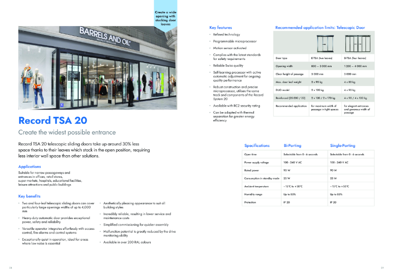 Record TSA 20 Telescopic Door Datasheet