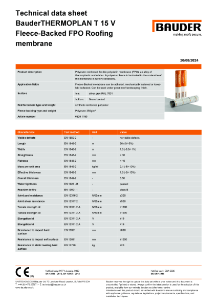 BauderTHERMOPLAN T 15 V Fleeced-Backed FPO Roofing membrane (Silver Grey)