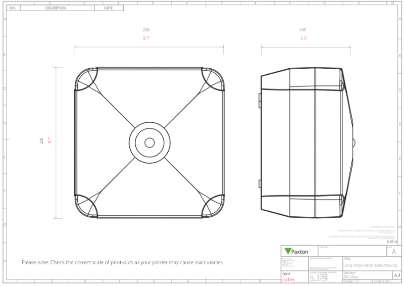 Net2 Long Range Reader - scale drawing