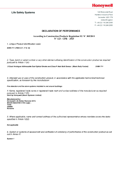 Honeywell Gent S4BK-711 EN54 Declaration of Performance