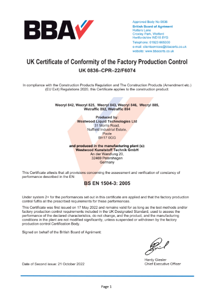 UK Certificate of Conformity of the Factory Production Control - UK 0836-CPR-22/F6074