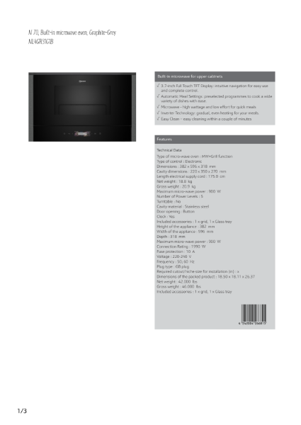 Microwave Ovens Graphite grey trim NL4GR31G1B, Datasheet