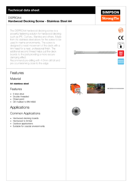 Hardwood Decking Screw Tech Data