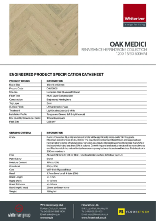 120 x 15 x 600mm Renaissance Oak Medici Herringbone Spec Sheet