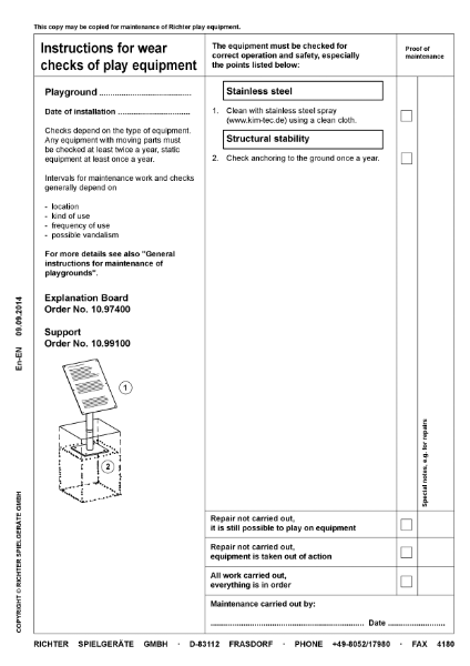 10.93000 - Pyramid Partner Swing Instruction Board  - Maintenance Instructions