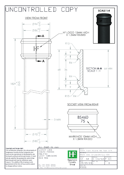 75mm Plain Rainwater Pipe Drawing