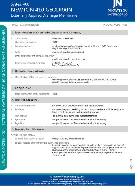 Newton HydroBond 410 GeoDrain - Safety Data Sheet