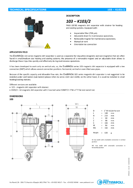 Pettinaroli Evo Magic Dirt Sepaarator 103 - k103-2  rev.02 - Techncial Data Sheet