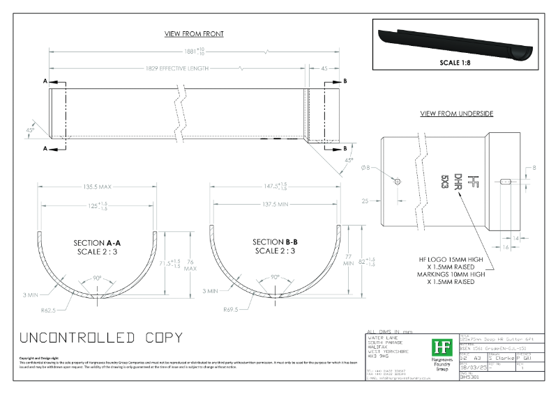 125x75mm Deep Half Round Gutter Drawing