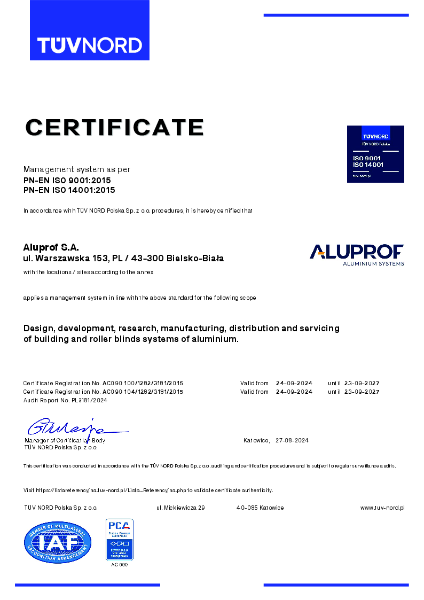 Aluprof ISO 14001 Certificate