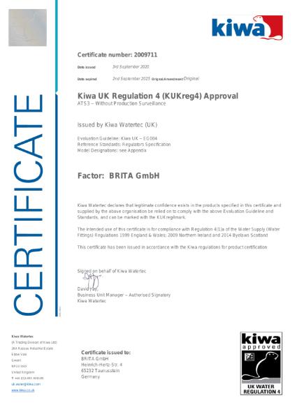 BRITA VIVREAU Extra I-Tap - KIWA Certificate