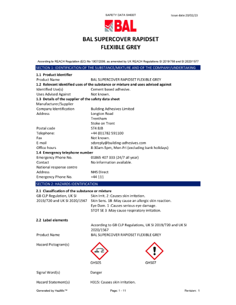 BAL Supercover Rapid Flex Grey Material Safety Datasheet