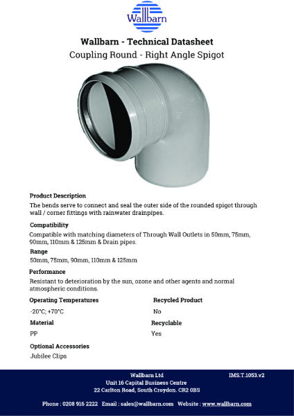 Datasheet - Round Coupling Right Angle Spigot