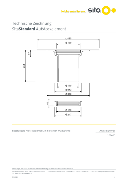 60-220mm SitaStandard Extension Unit - Technical Drawing
