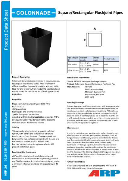 Colonnade Square Flushjoint Pipe Data Sheet