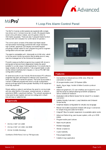 Datasheet - MxPro 5 Fire Alarm Control Panel 1 Loop