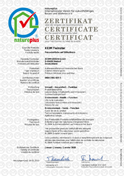 KEIM Twinstar Natureplus Certificate