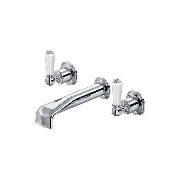 Traditional Three-Hole Wall-Mounted Bath Set With Low Profile Spout And Lever Or Crosstop Handles - Bath Tap Set