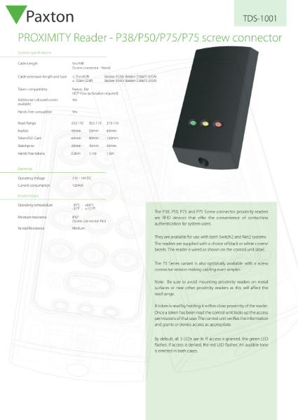 Proximity reader, P50 - data sheet