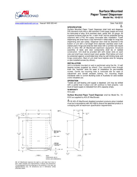 Traditional Paper Towel Dispenser Specification Sheet