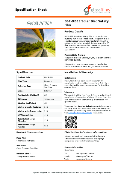 BSF-DB35 Solar Bird Safety Window Film Specification Sheet