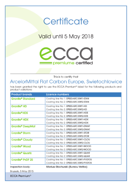 ECCA Premium - Certificate ArcelorMittal FCE Swietochlowice