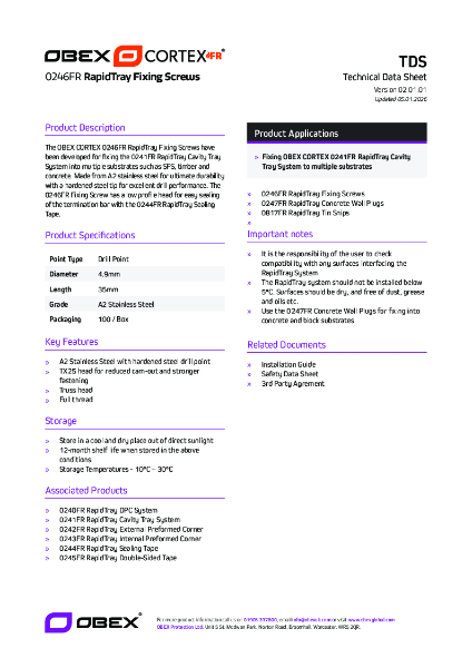 OBEX CORTEX 0246FR RapidTray Fixing Screws_TDS