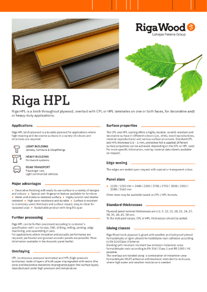 Riga HPL - Datasheet - Riga Wood