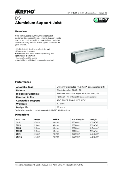 DS Aluminium Decking joist - Datasheet